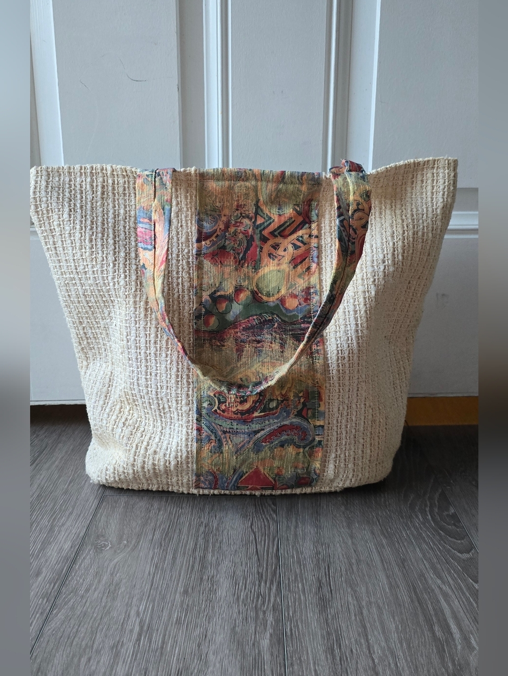 Boho Textured Cream Tote Bag Woven Cotton Paisley Strap Large Market Beach Bag